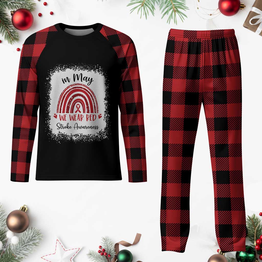 In May We Wear Red Stroke Awareness Plaid Pajama Set Bleach Effect