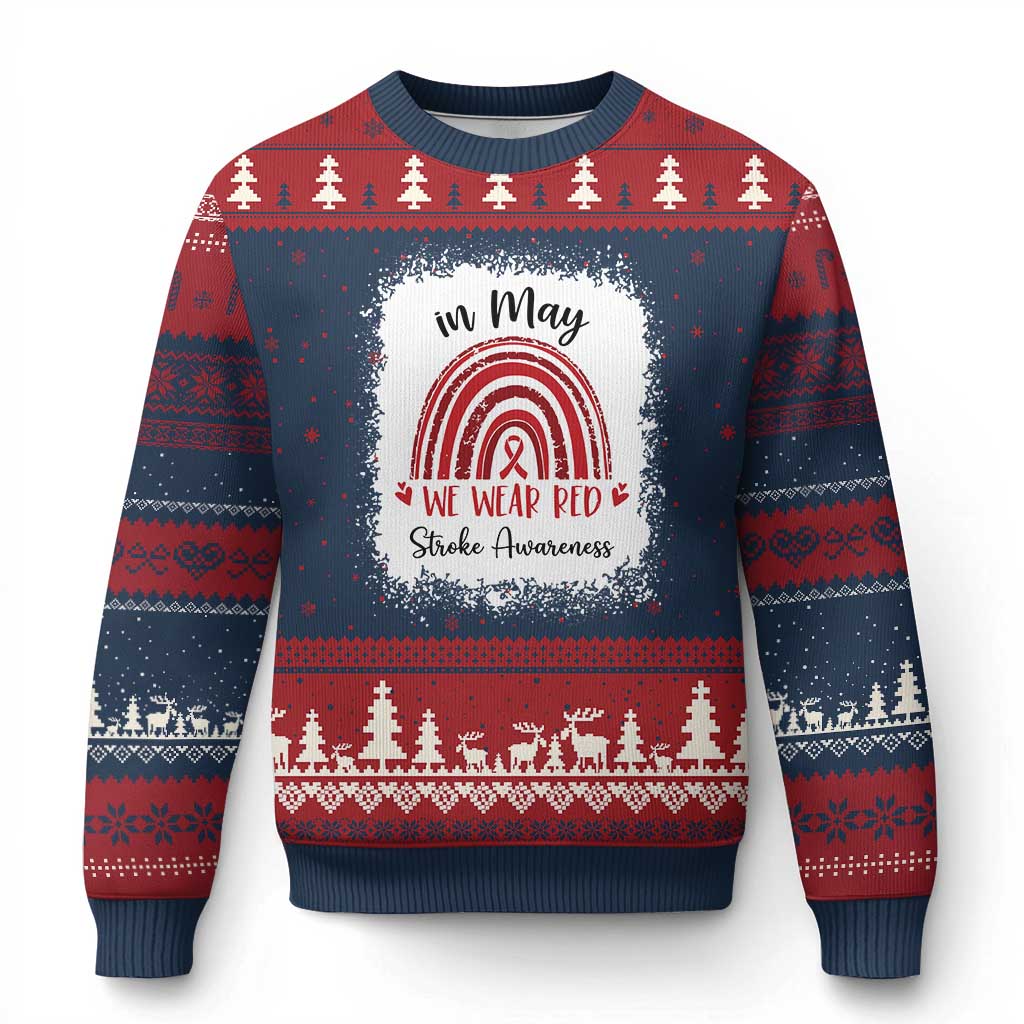 In May We Wear Red Stroke Awareness Ugly Christmas Sweater Bleach Effect