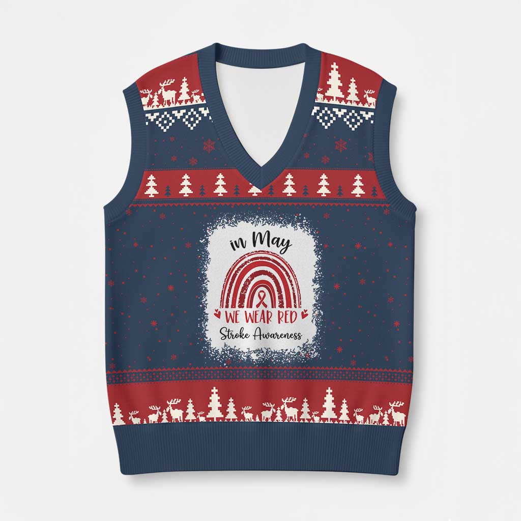 In May We Wear Red Stroke Awareness V-Neck Knit Sweater Vest Bleach Effect