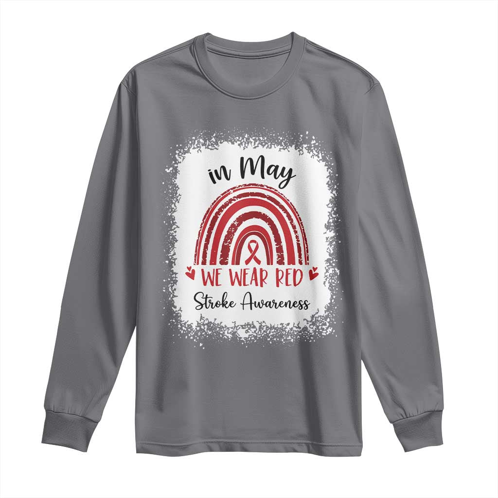 In May We Wear Red Stroke Awareness Long Sleeve Shirt Bleach Effect