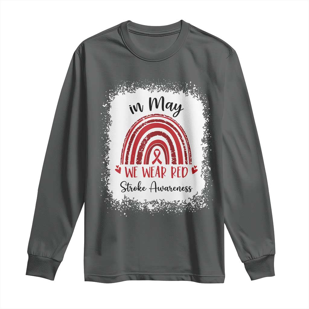 In May We Wear Red Stroke Awareness Long Sleeve Shirt Bleach Effect