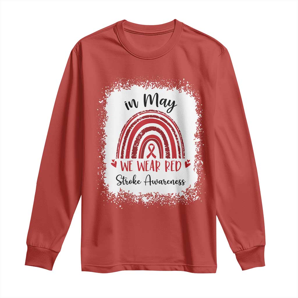 In May We Wear Red Stroke Awareness Long Sleeve Shirt Bleach Effect