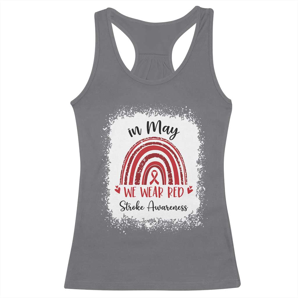 In May We Wear Red Stroke Awareness Racerback Tank Top Bleach Effect