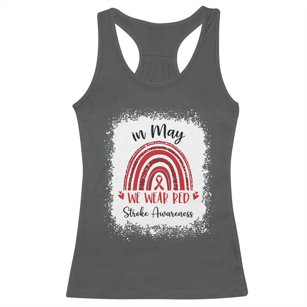 In May We Wear Red Stroke Awareness Racerback Tank Top Bleach Effect