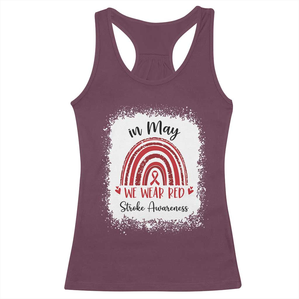In May We Wear Red Stroke Awareness Racerback Tank Top Bleach Effect