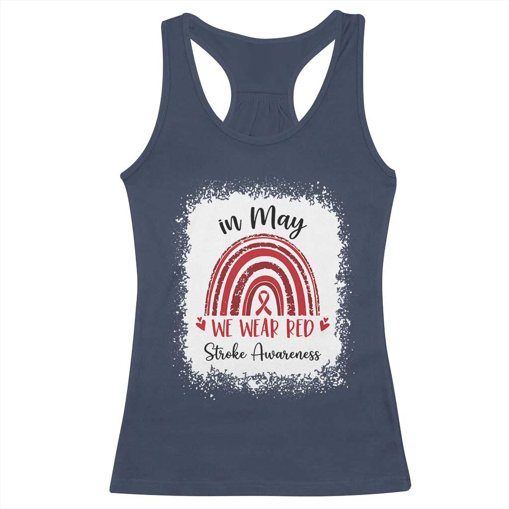 In May We Wear Red Stroke Awareness Racerback Tank Top Bleach Effect