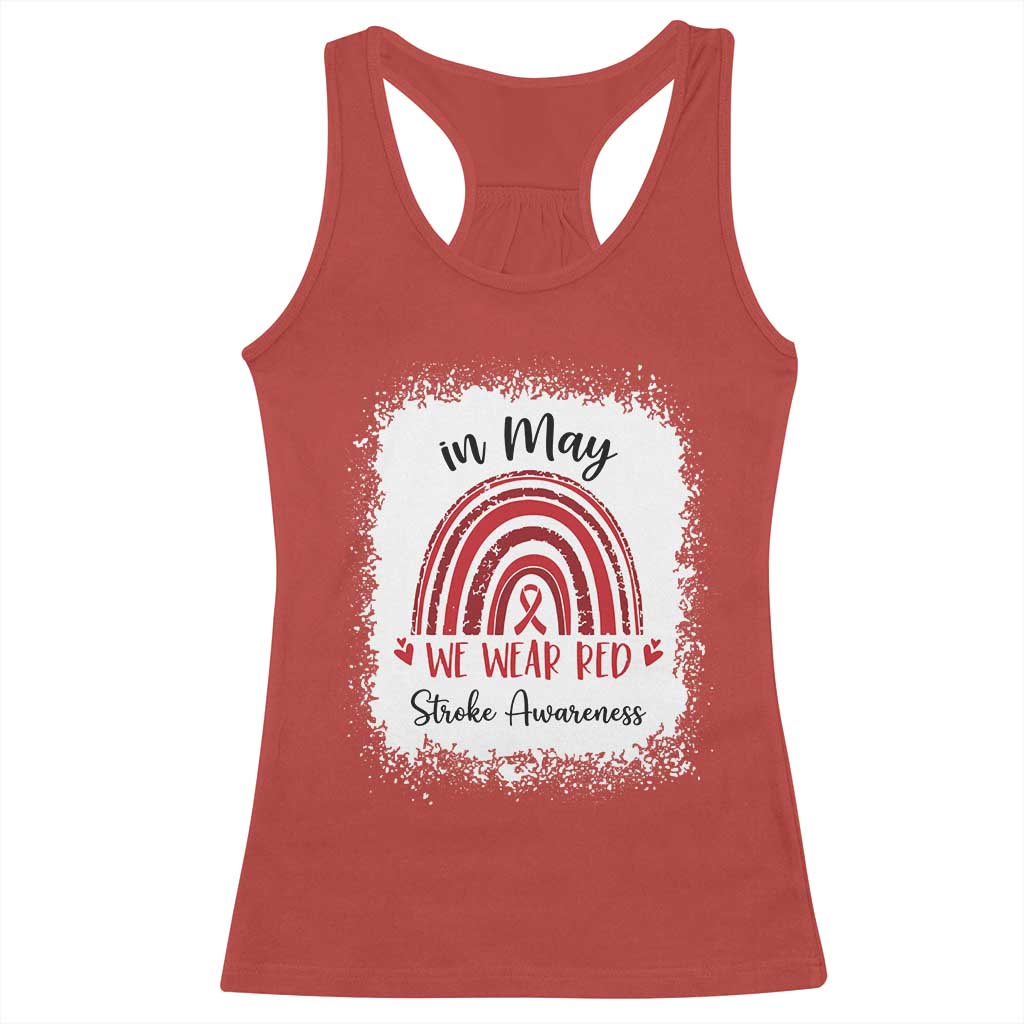 In May We Wear Red Stroke Awareness Racerback Tank Top Bleach Effect