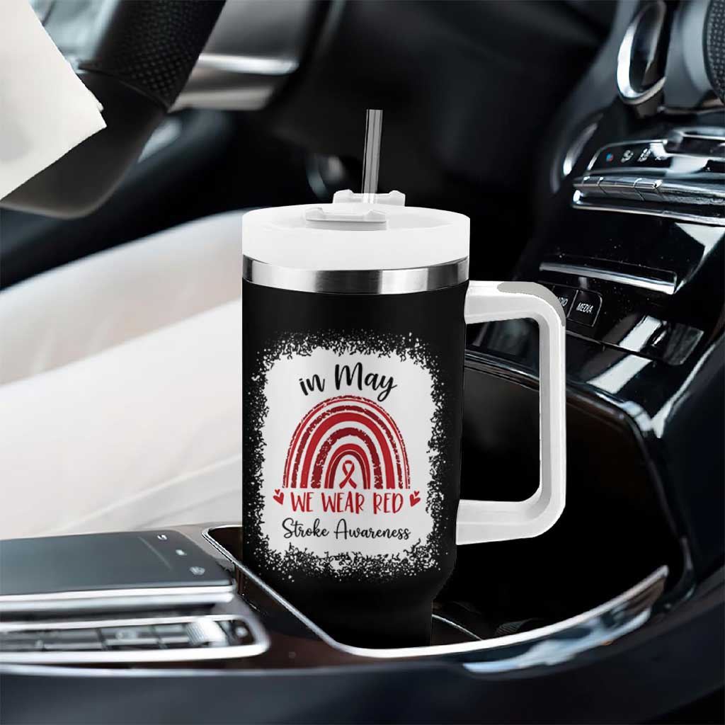 In May We Wear Red Stroke Awareness Tumbler With Handle Bleach Effect