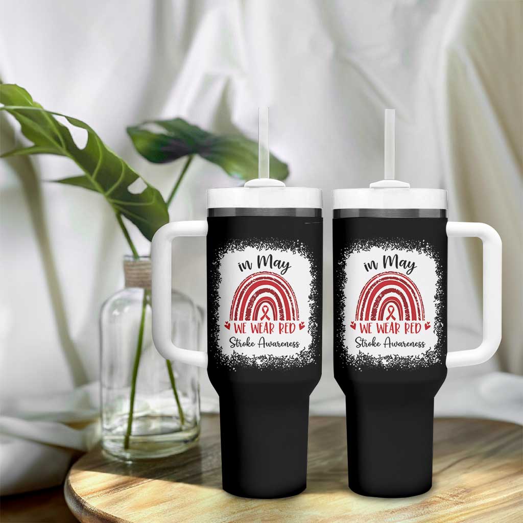 In May We Wear Red Stroke Awareness Tumbler With Handle Bleach Effect