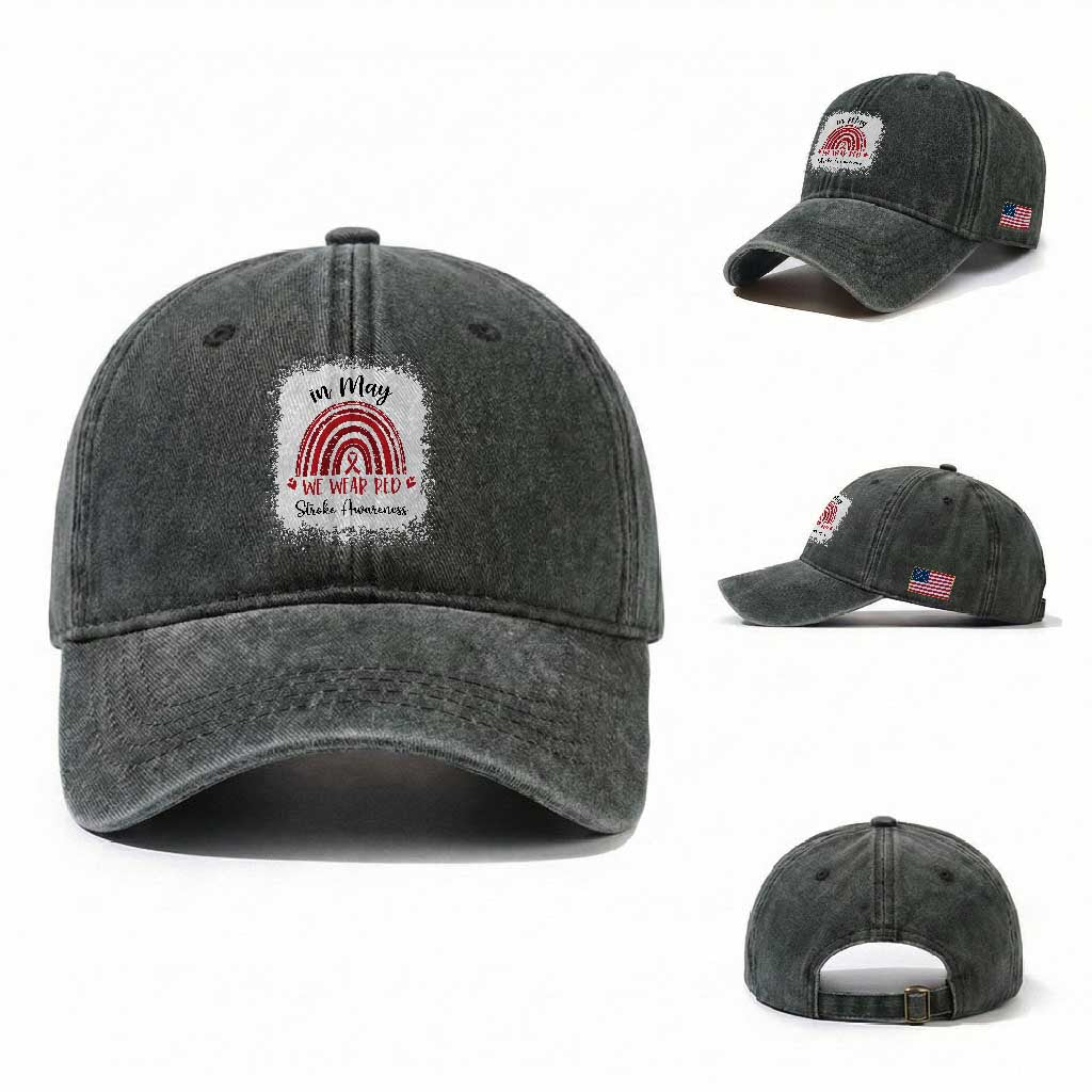 In May We Wear Red Stroke Awareness Washed Cotton Baseball Cap Bleach Effect