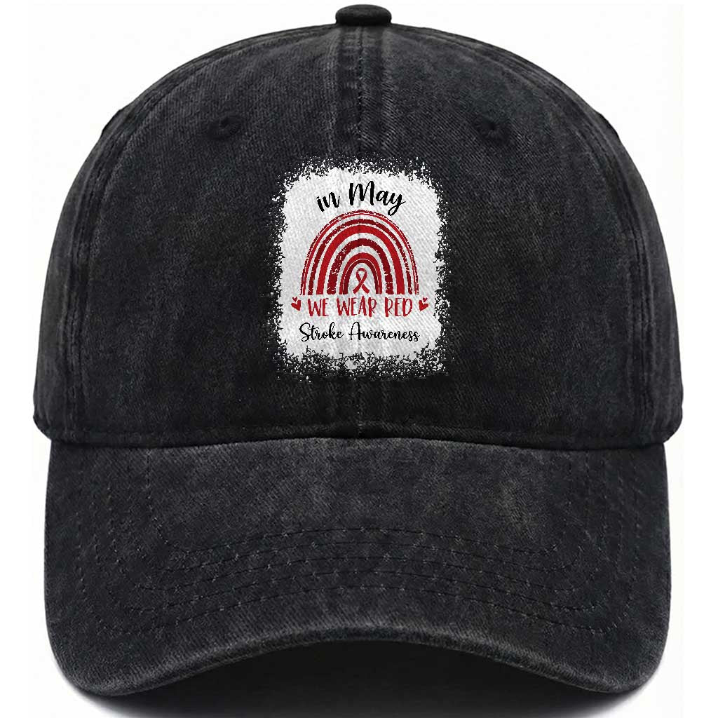 In May We Wear Red Stroke Awareness Washed Cotton Baseball Cap Bleach Effect