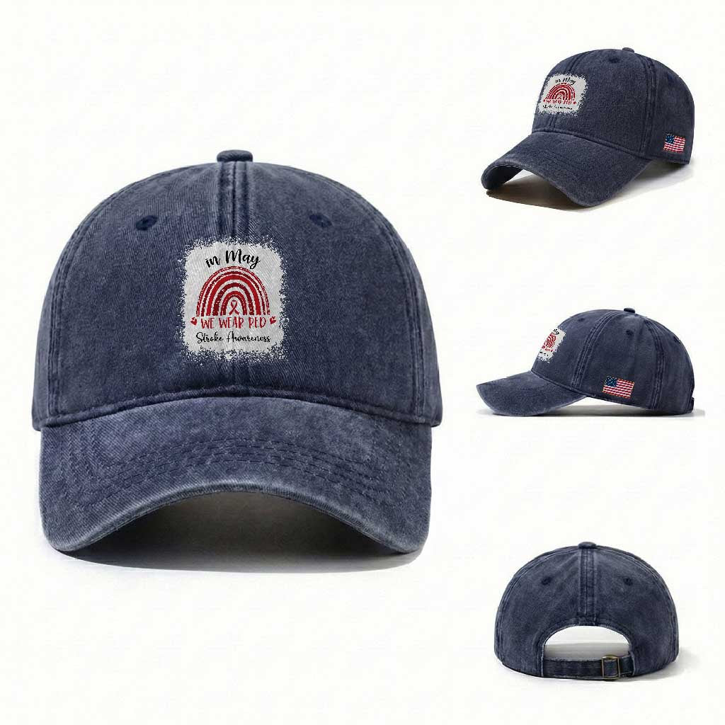 In May We Wear Red Stroke Awareness Washed Cotton Baseball Cap Bleach Effect