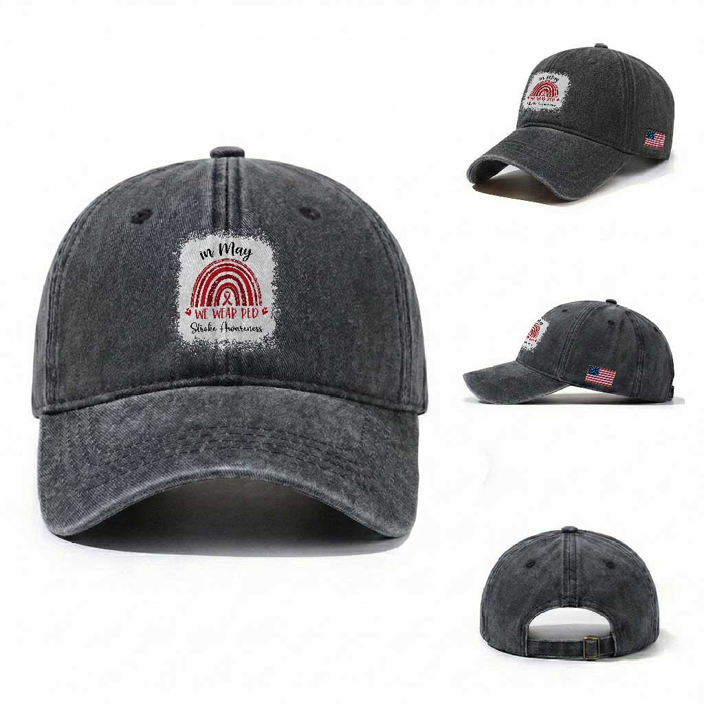 In May We Wear Red Stroke Awareness Washed Cotton Baseball Cap Bleach Effect