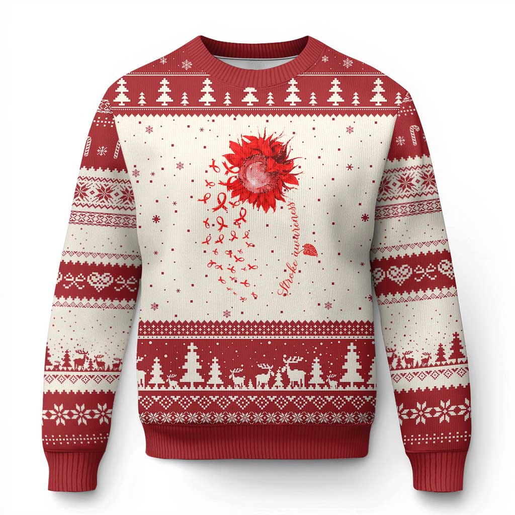 Sunflower Stroke Awareness Red Ribbon Ugly Christmas Sweater