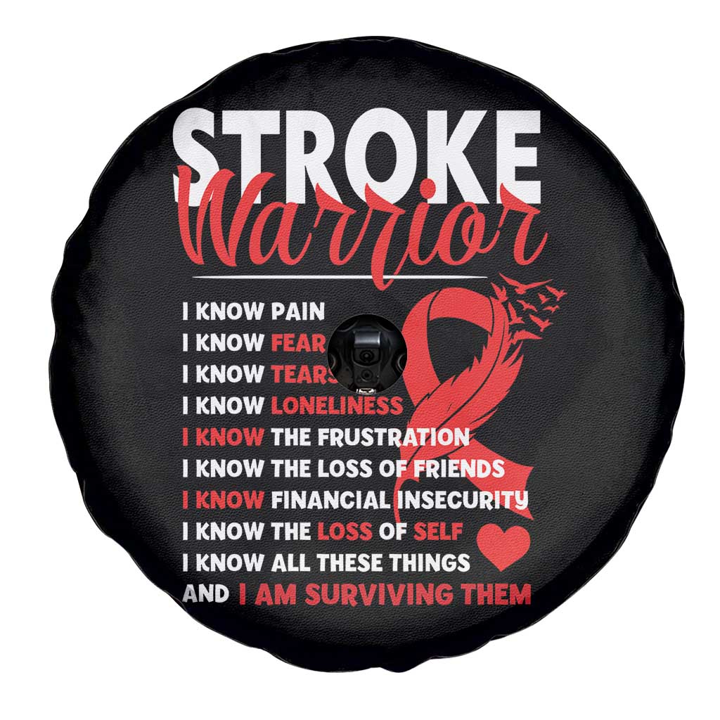 Stroke Warrior Spare Tire Cover I know Pain Fear Feather Red Ribbon