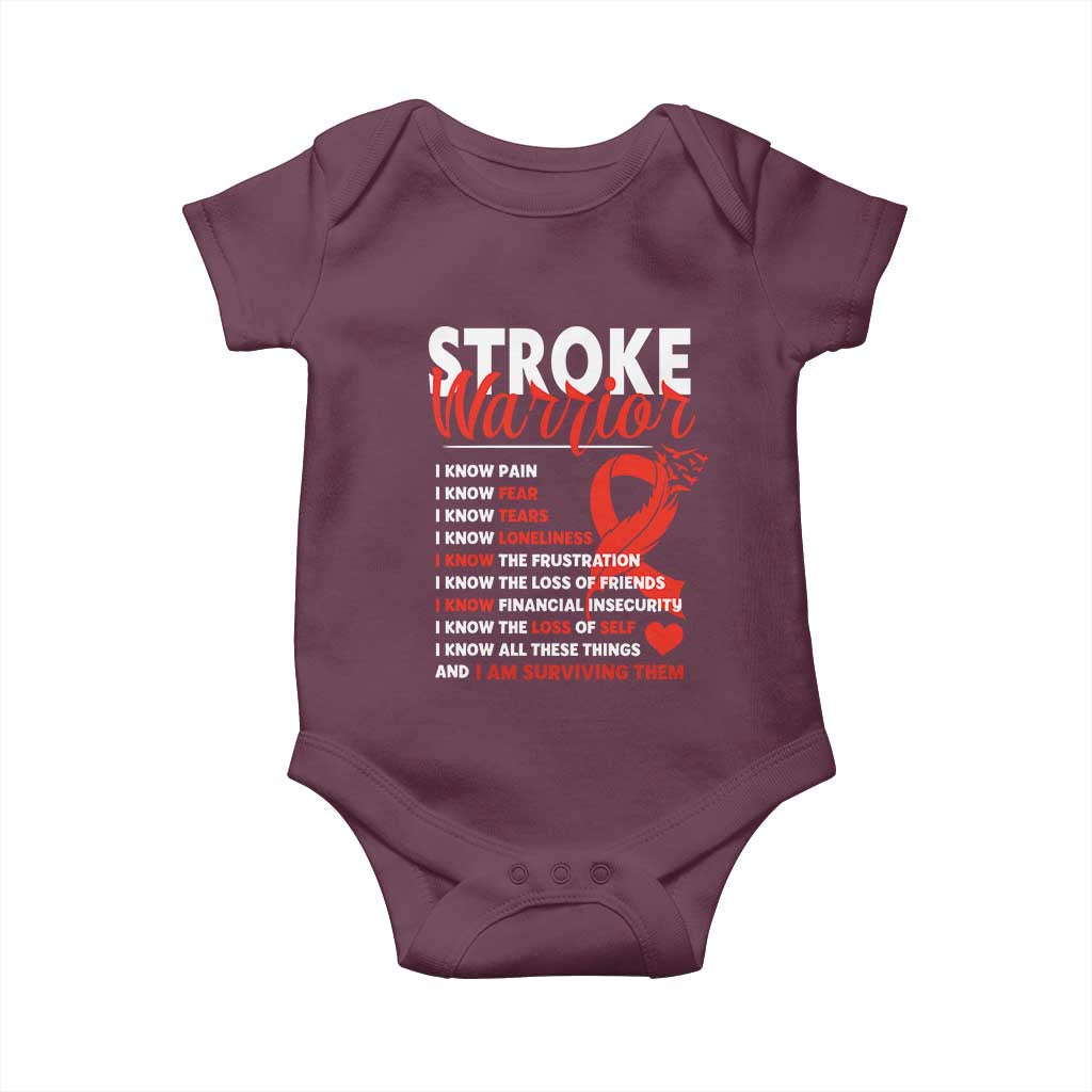 Stroke Warrior Baby Onesie I know Pain Fear Feather Red Ribbon