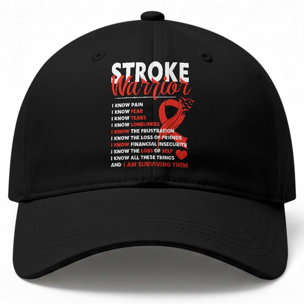Stroke Warrior Baseball Cap I know Pain Fear Feather Red Ribbon