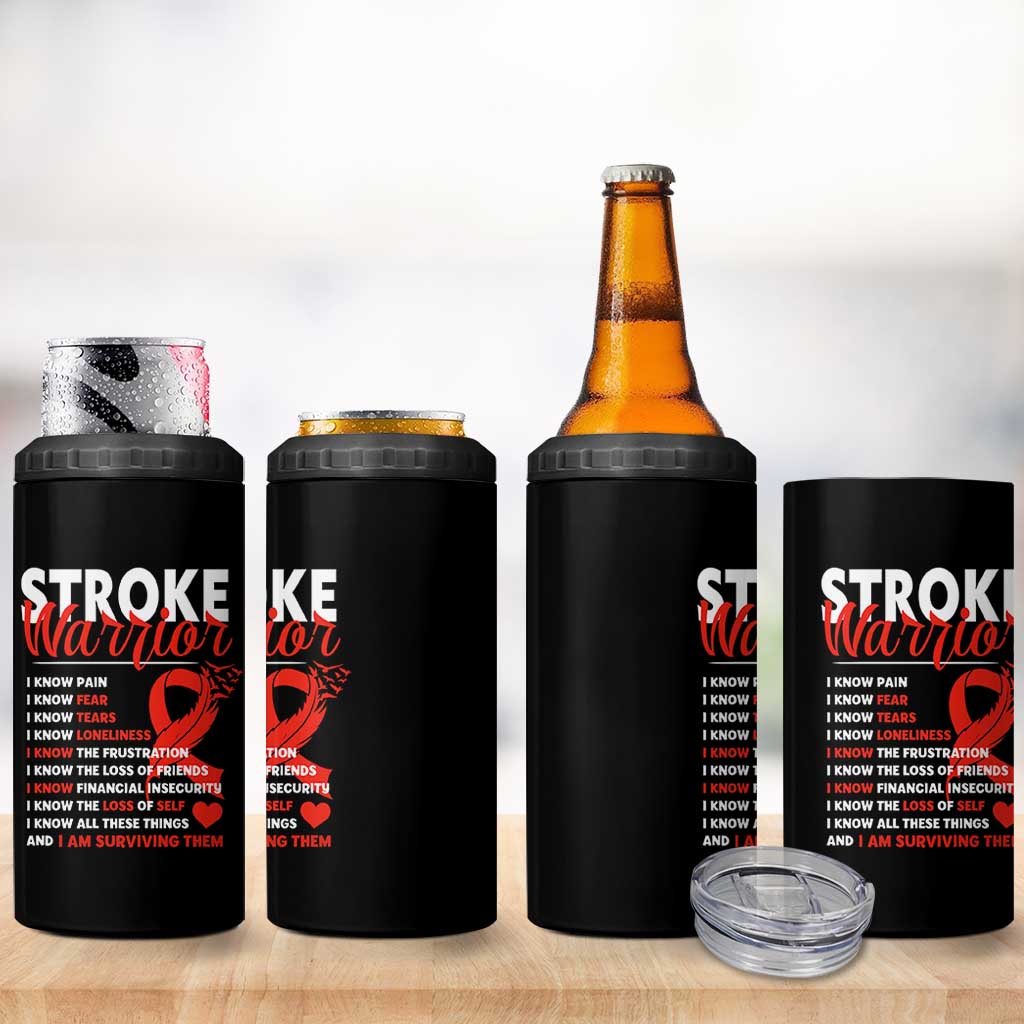 Stroke Warrior 4 in 1 Can Cooler Tumbler I know Pain Fear Feather Red Ribbon