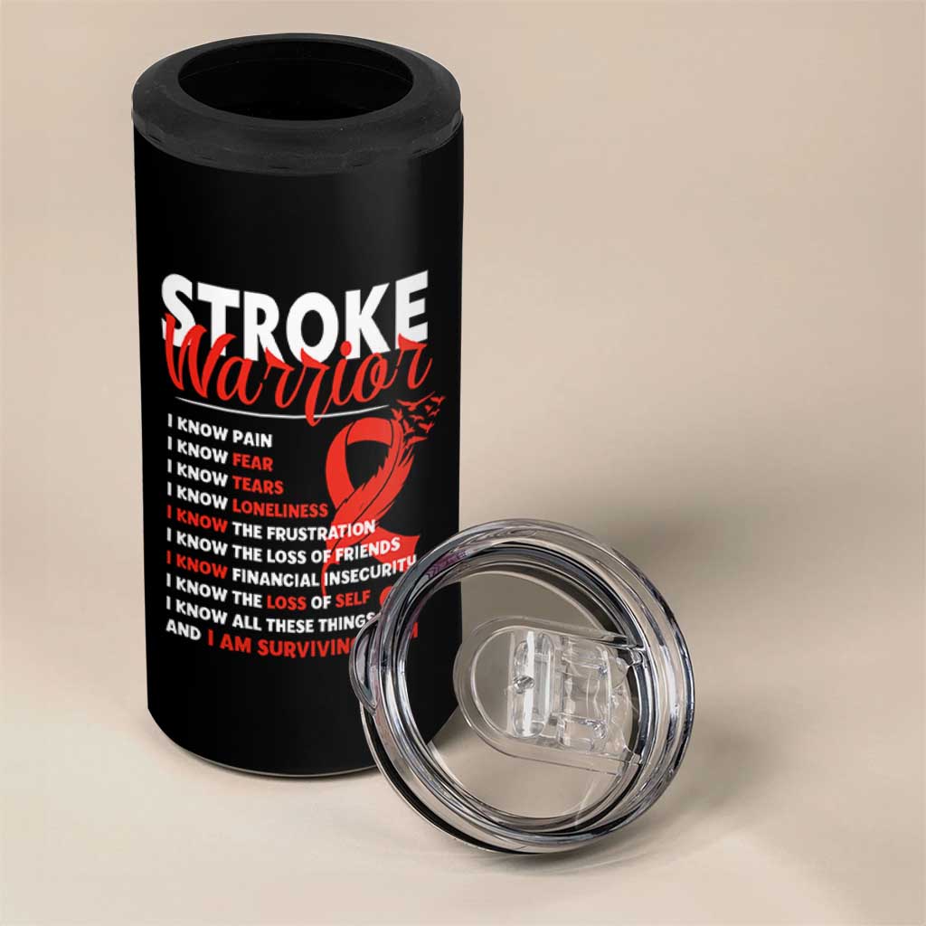 Stroke Warrior 4 in 1 Can Cooler Tumbler I know Pain Fear Feather Red Ribbon
