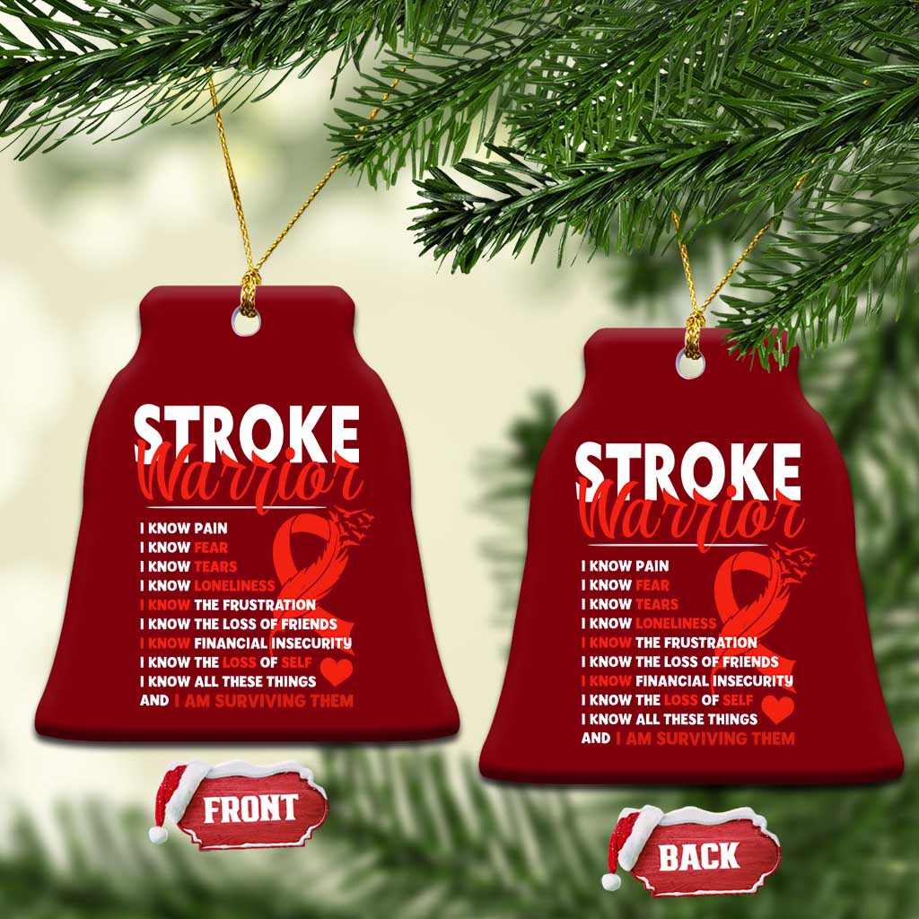 Stroke Warrior Ceramic Ornament I know Pain Fear Feather Red Ribbon