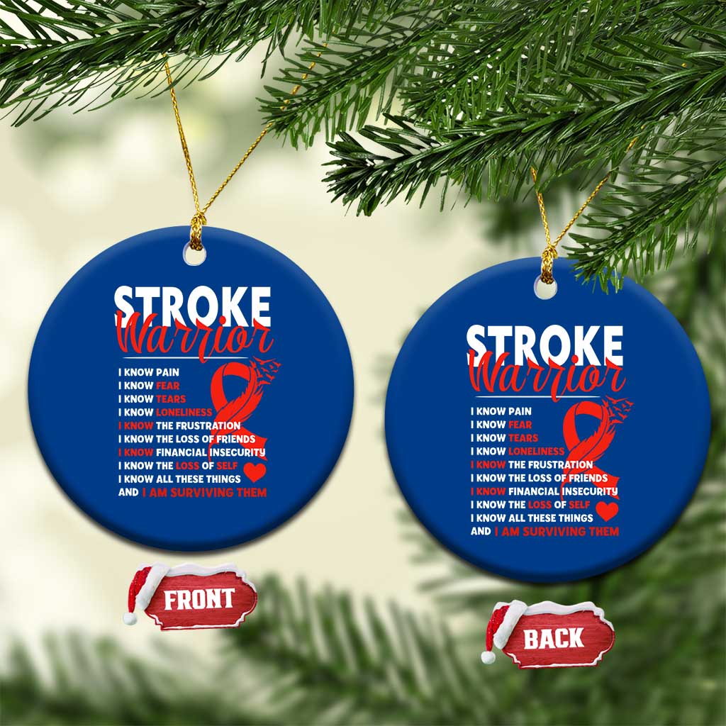 Stroke Warrior Ceramic Ornament I know Pain Fear Feather Red Ribbon