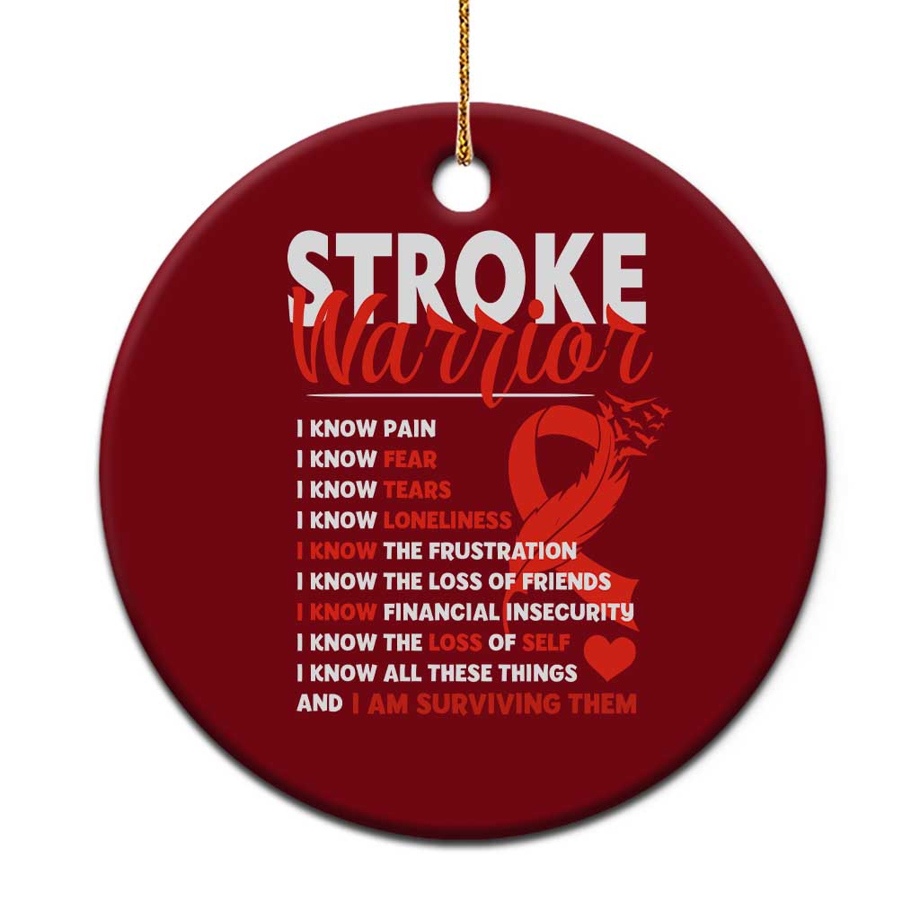Stroke Warrior Ceramic Ornament I know Pain Fear Feather Red Ribbon