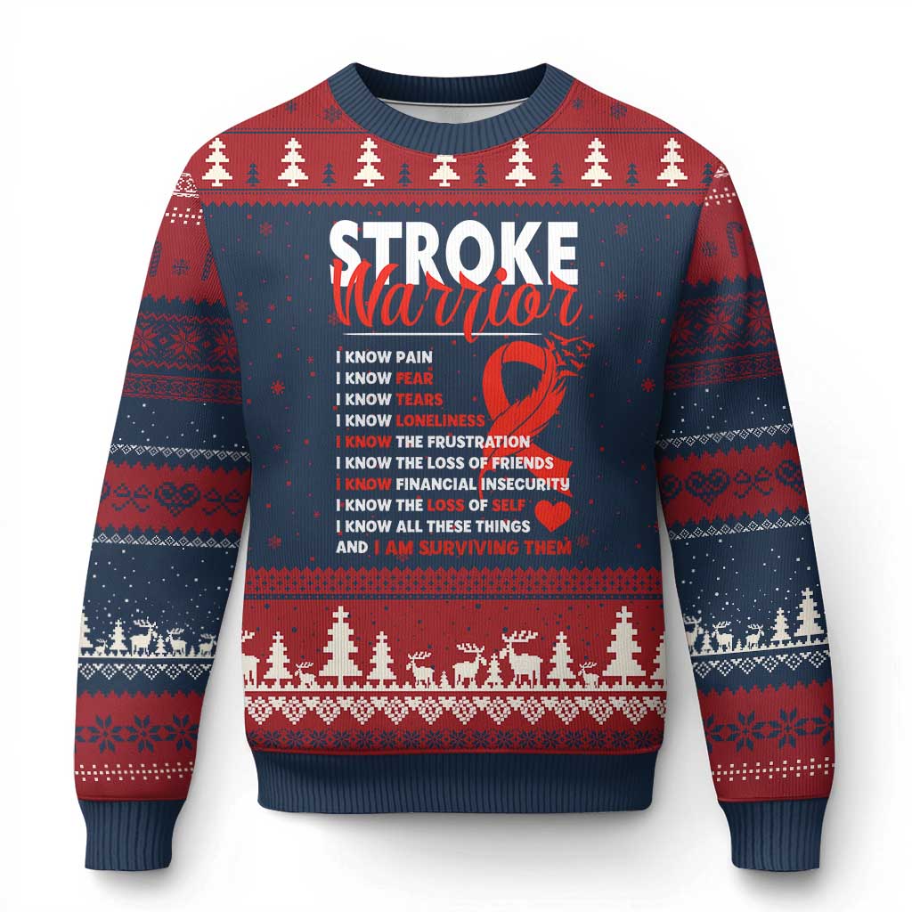 Stroke Warrior Ugly Christmas Sweater I know Pain Fear Feather Red Ribbon