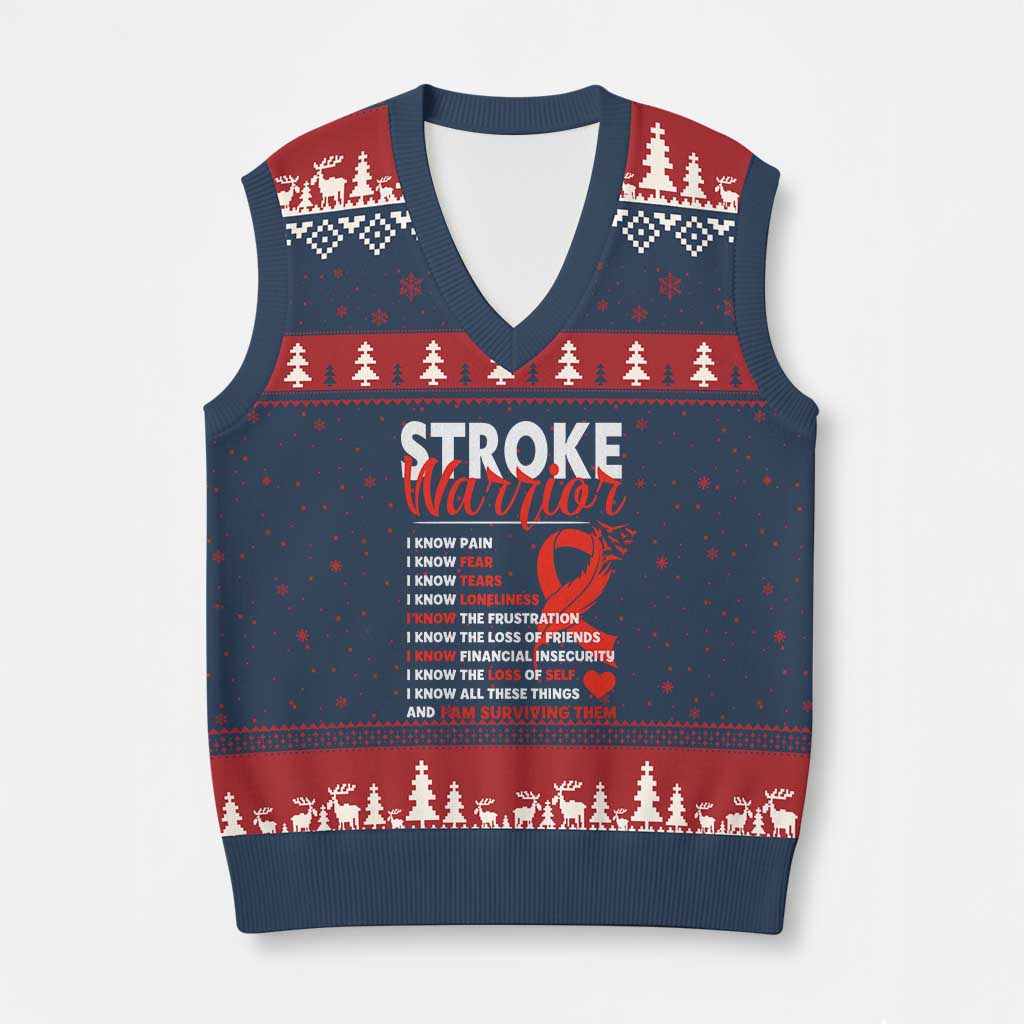 Stroke Warrior V-Neck Knit Sweater Vest I know Pain Fear Feather Red Ribbon