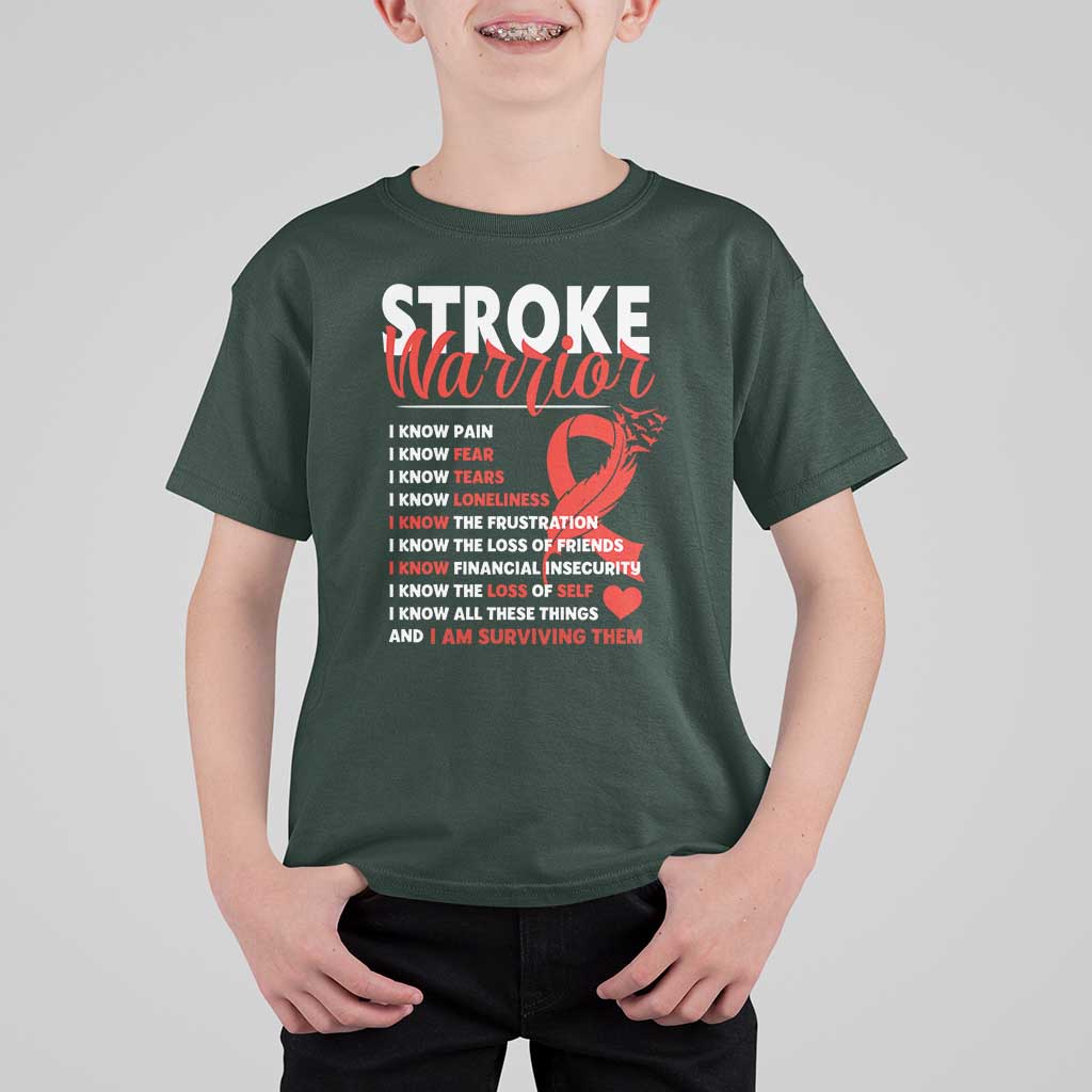 Stroke Warrior T Shirt For Kid I know Pain Fear Feather Red Ribbon
