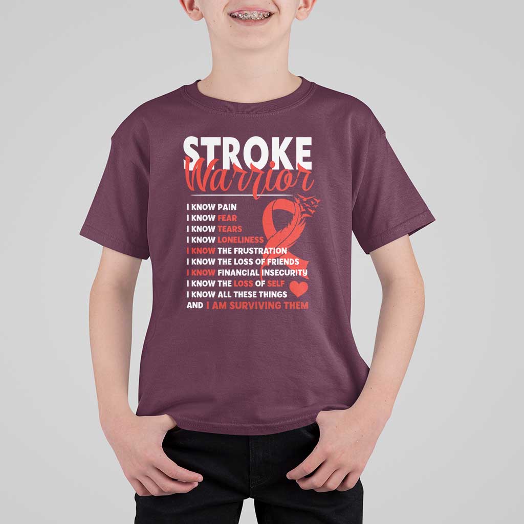 Stroke Warrior T Shirt For Kid I know Pain Fear Feather Red Ribbon
