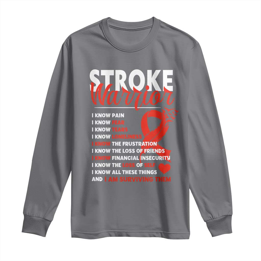 Stroke Warrior Long Sleeve Shirt I know Pain Fear Feather Red Ribbon