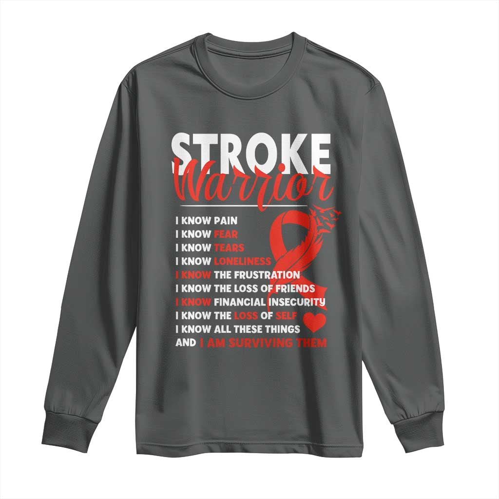 Stroke Warrior Long Sleeve Shirt I know Pain Fear Feather Red Ribbon