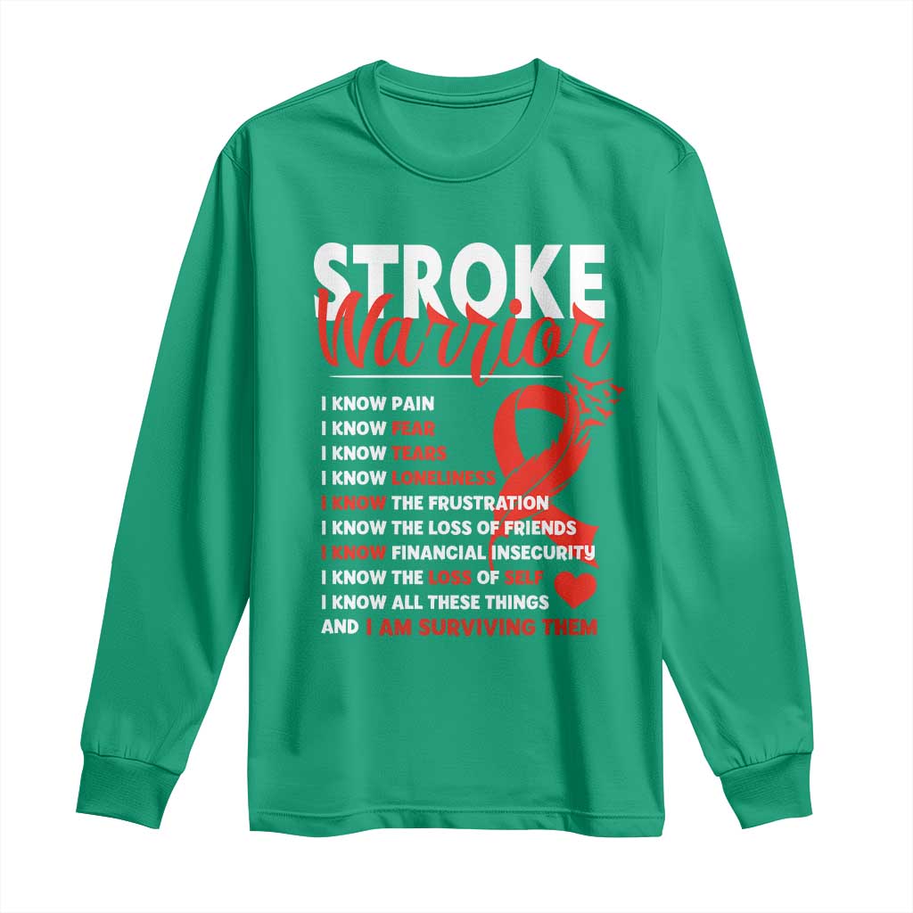 Stroke Warrior Long Sleeve Shirt I know Pain Fear Feather Red Ribbon