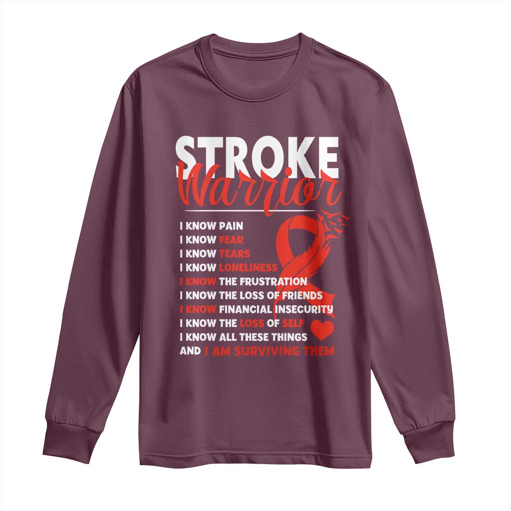 Stroke Warrior Long Sleeve Shirt I know Pain Fear Feather Red Ribbon
