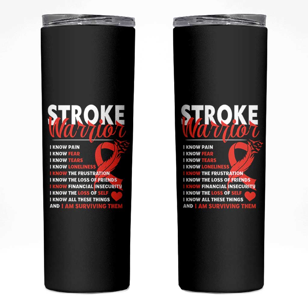 Stroke Warrior Skinny Tumbler I know Pain Fear Feather Red Ribbon