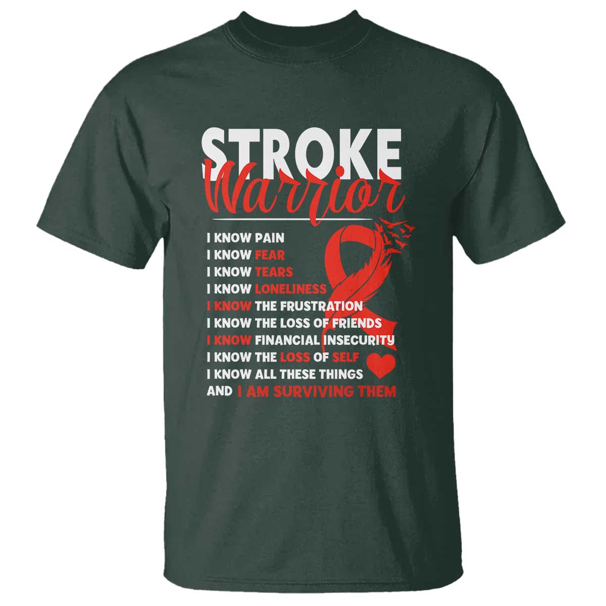 Stroke Warrior T Shirt I know Pain Fear Feather Red Ribbon