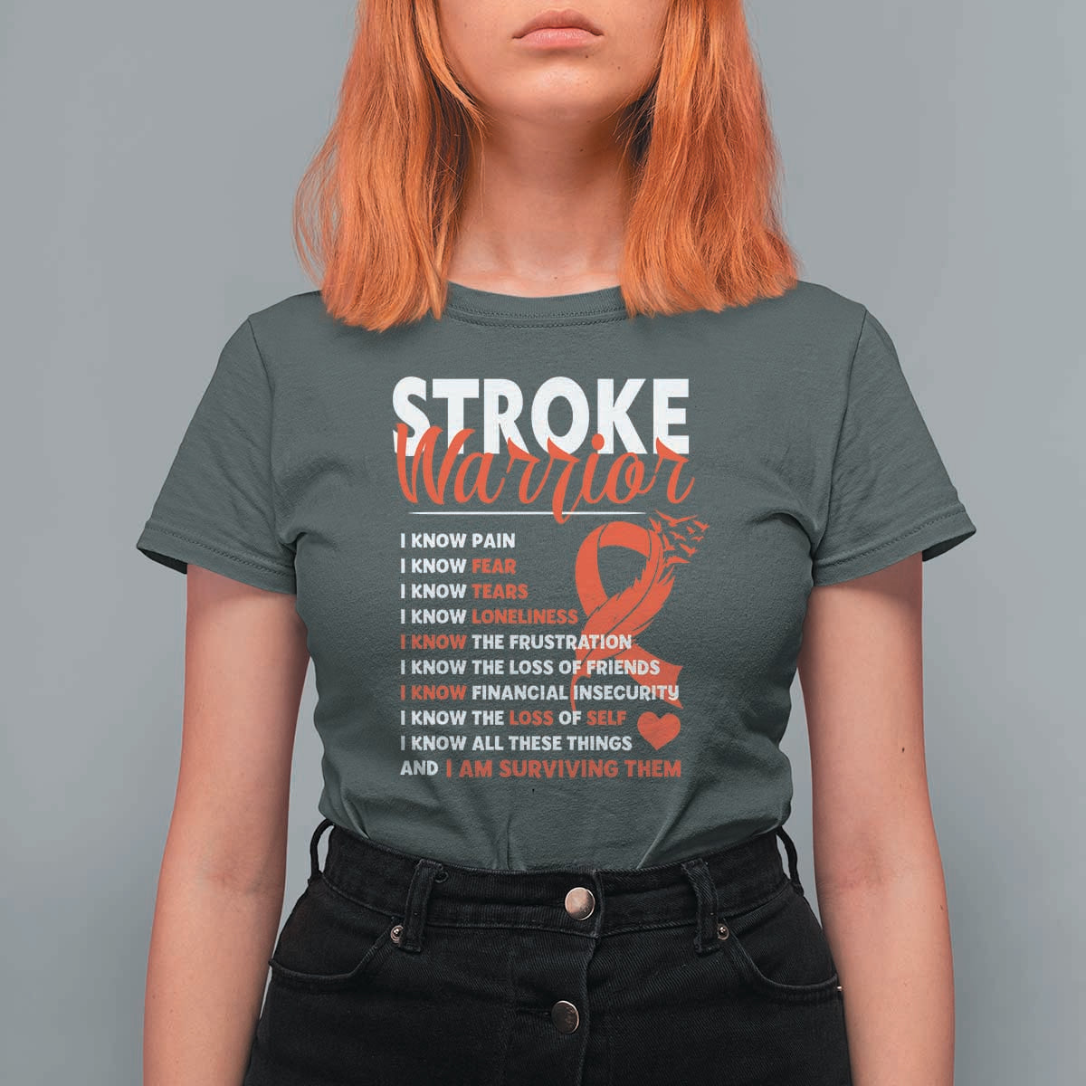 Stroke Warrior T Shirt For Women I know Pain Fear Feather Red Ribbon