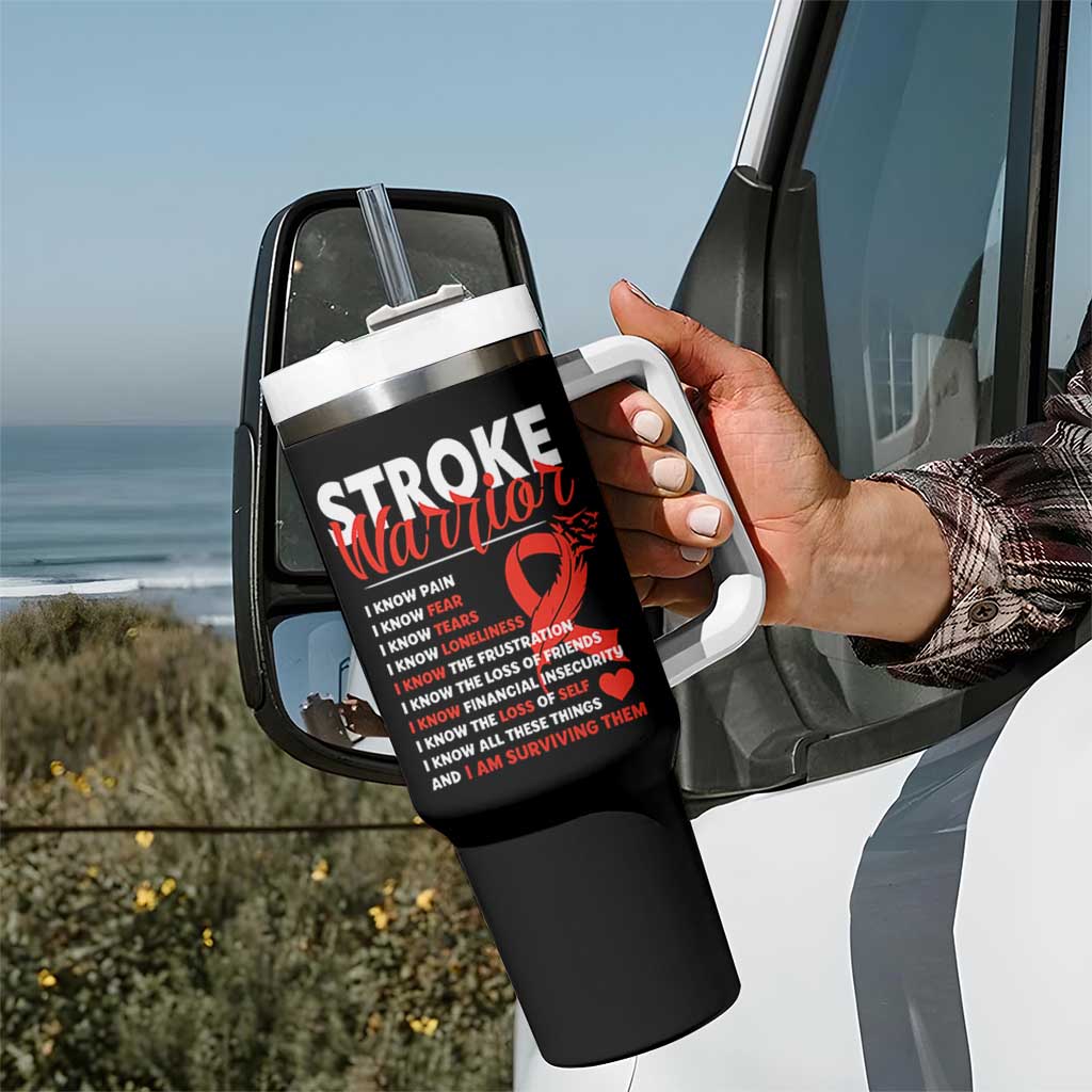 Stroke Warrior Tumbler With Handle I know Pain Fear Feather Red Ribbon