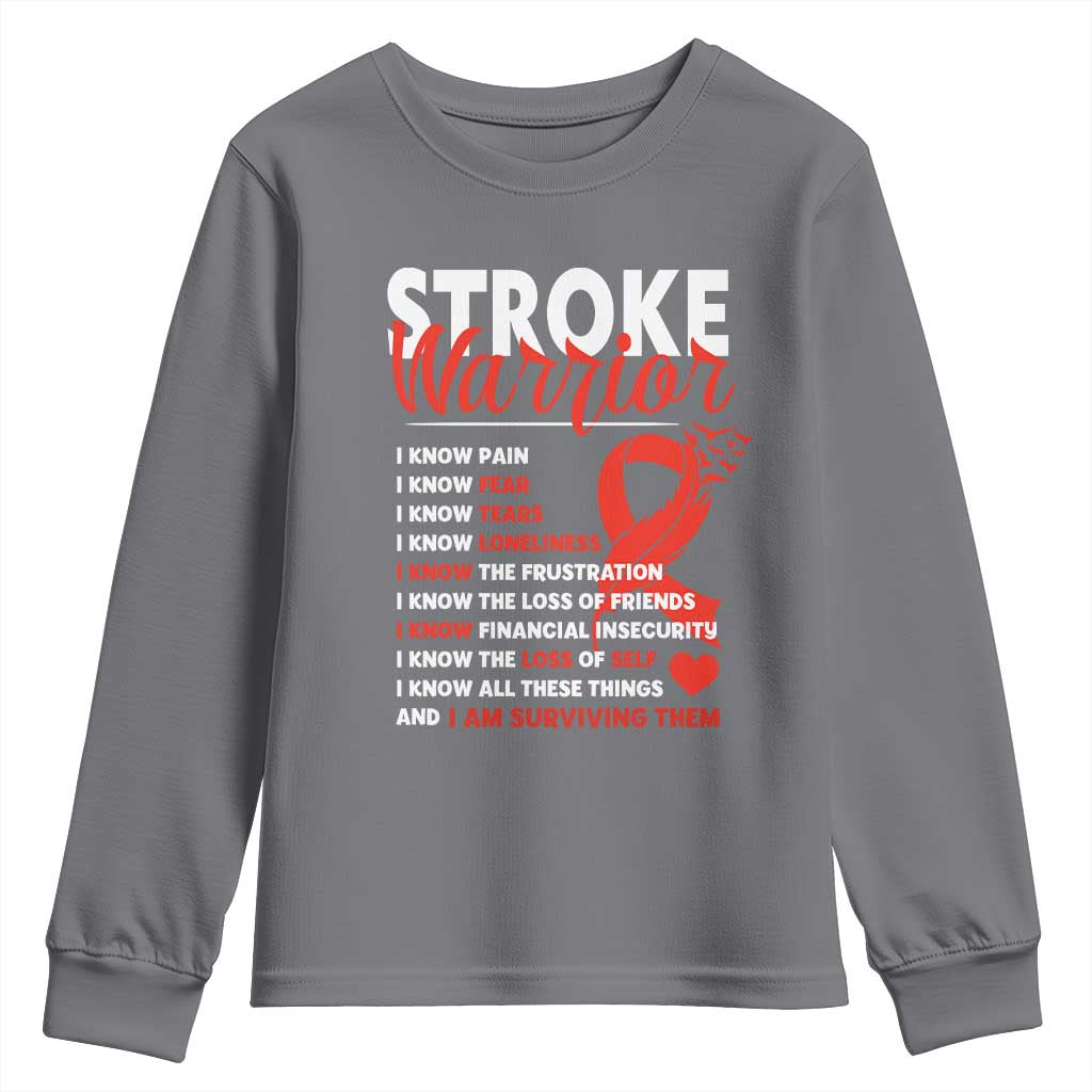 Stroke Warrior Youth Sweatshirt I know Pain Fear Feather Red Ribbon