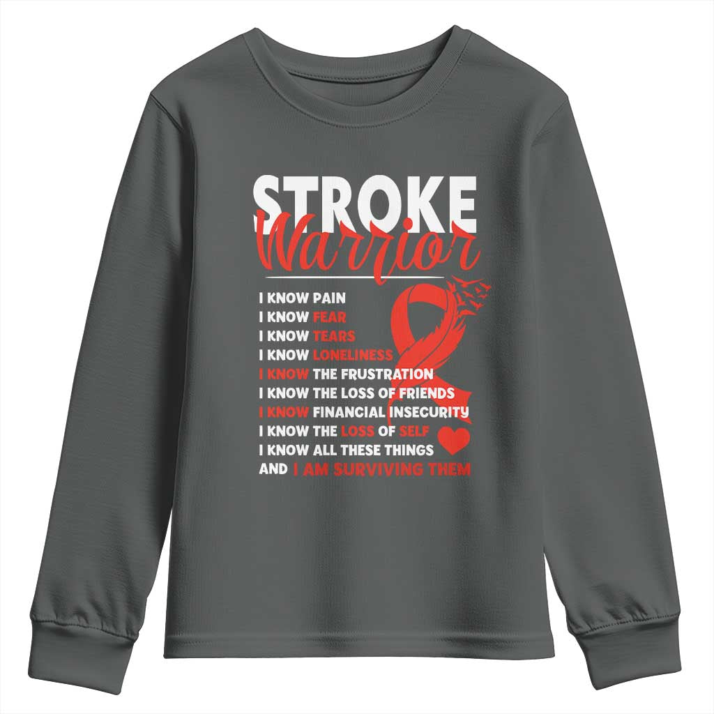 Stroke Warrior Youth Sweatshirt I know Pain Fear Feather Red Ribbon