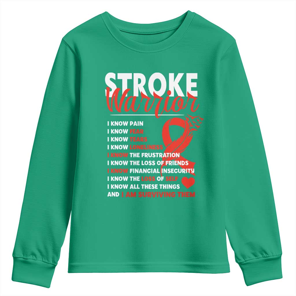 Stroke Warrior Youth Sweatshirt I know Pain Fear Feather Red Ribbon