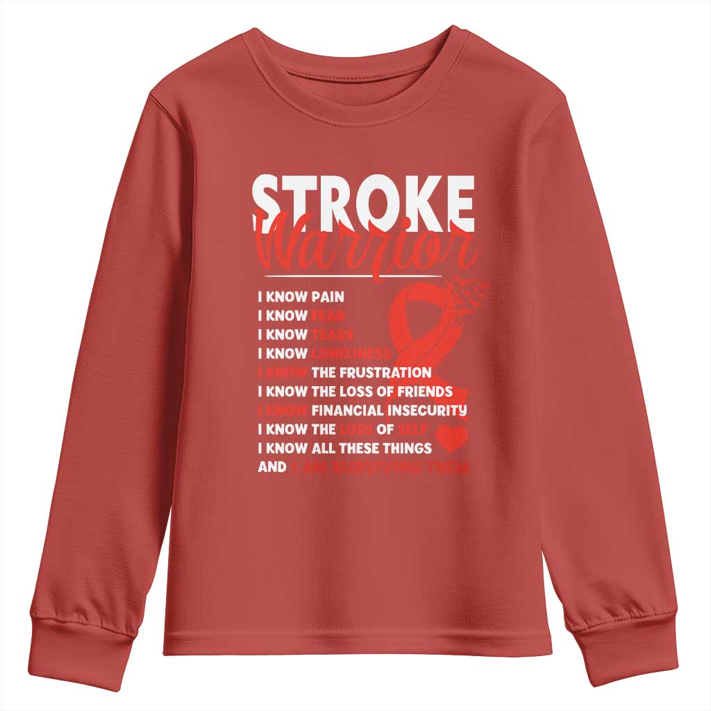 Stroke Warrior Youth Sweatshirt I know Pain Fear Feather Red Ribbon