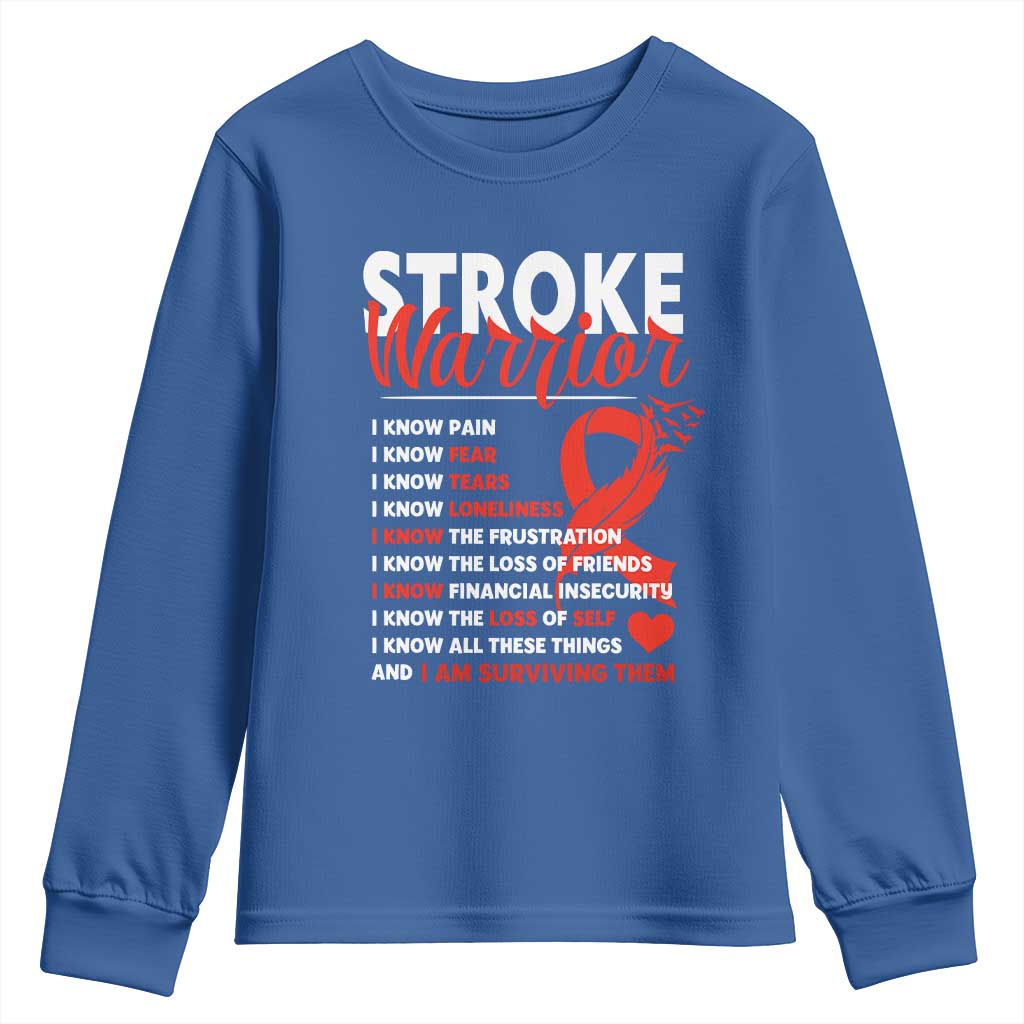 Stroke Warrior Youth Sweatshirt I know Pain Fear Feather Red Ribbon