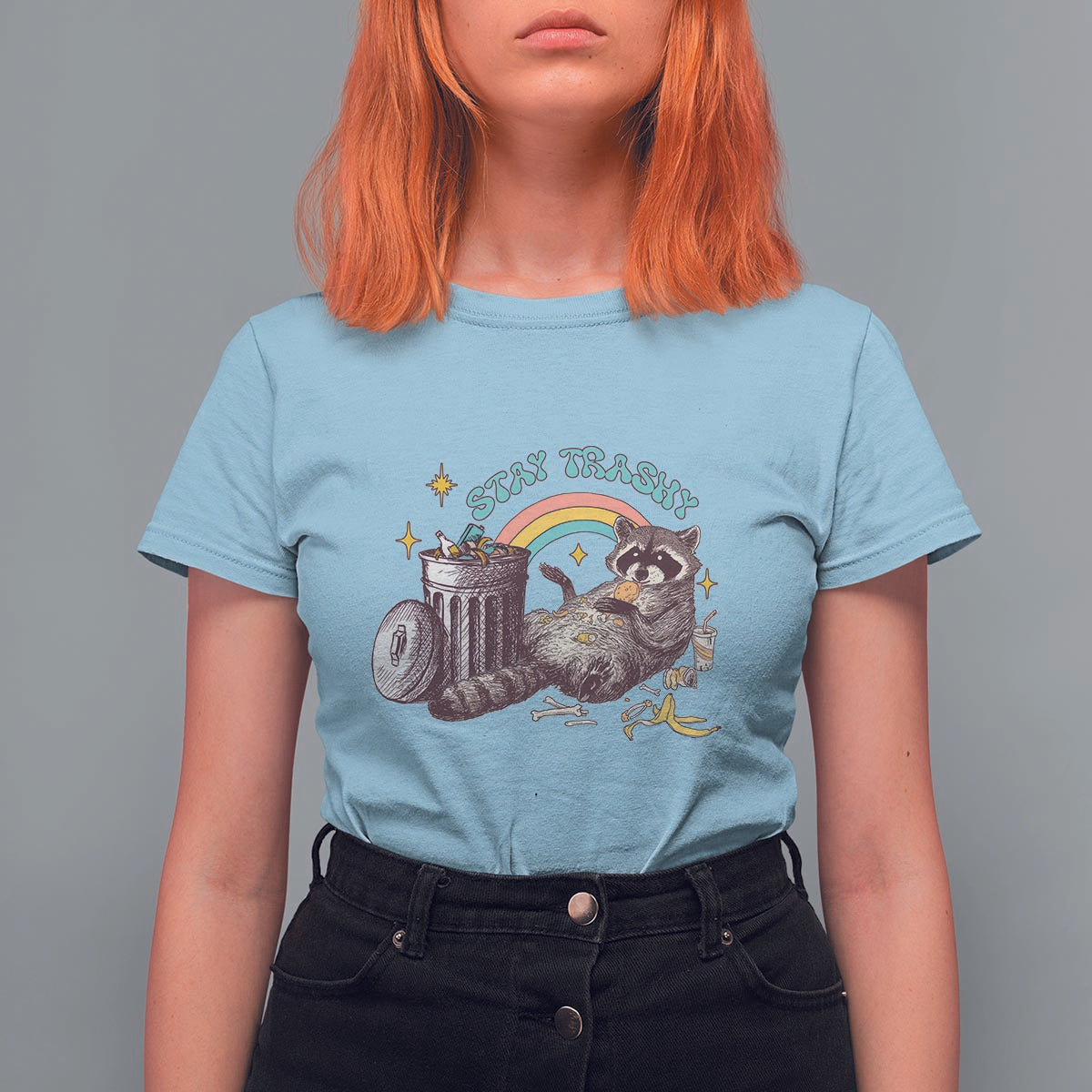 Funny Raccoon T Shirt For Women Stay Trashy Rainbow Bin Cute Trash Panda - Wonder Print Shop