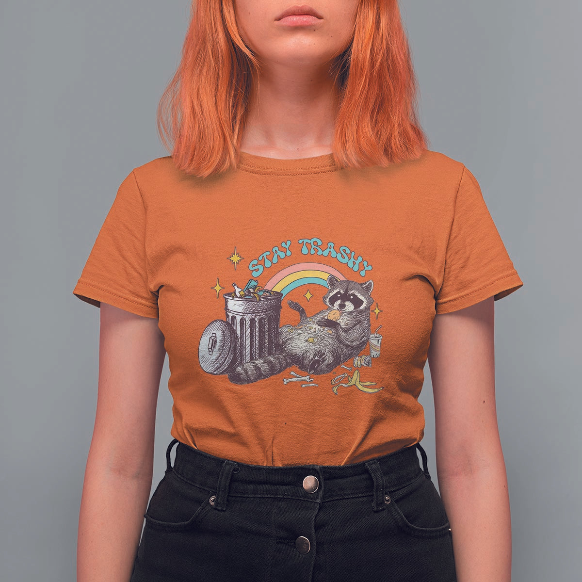 Funny Raccoon T Shirt For Women Stay Trashy Rainbow Bin Cute Trash Panda - Wonder Print Shop