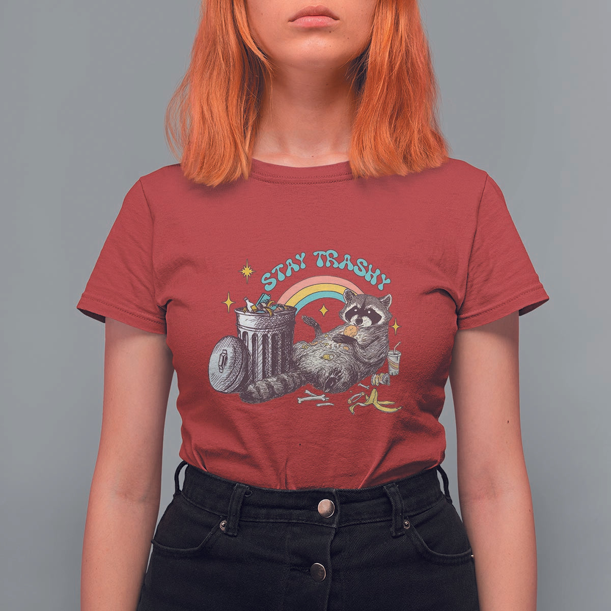 Funny Raccoon T Shirt For Women Stay Trashy Rainbow Bin Cute Trash Panda - Wonder Print Shop