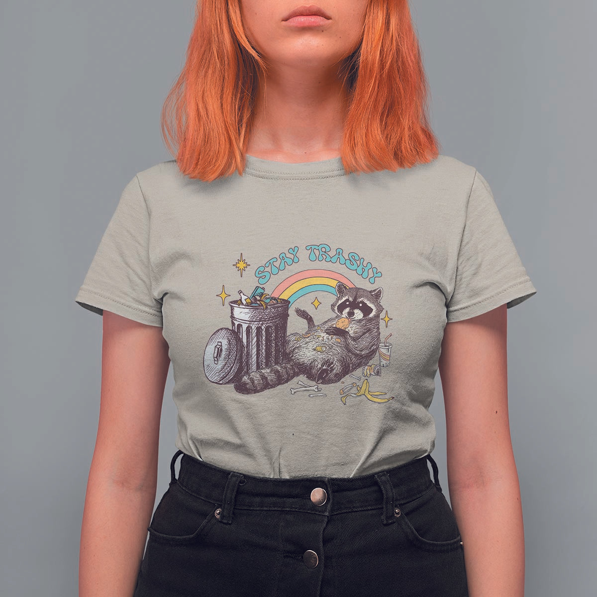 Funny Raccoon T Shirt For Women Stay Trashy Rainbow Bin Cute Trash Panda - Wonder Print Shop
