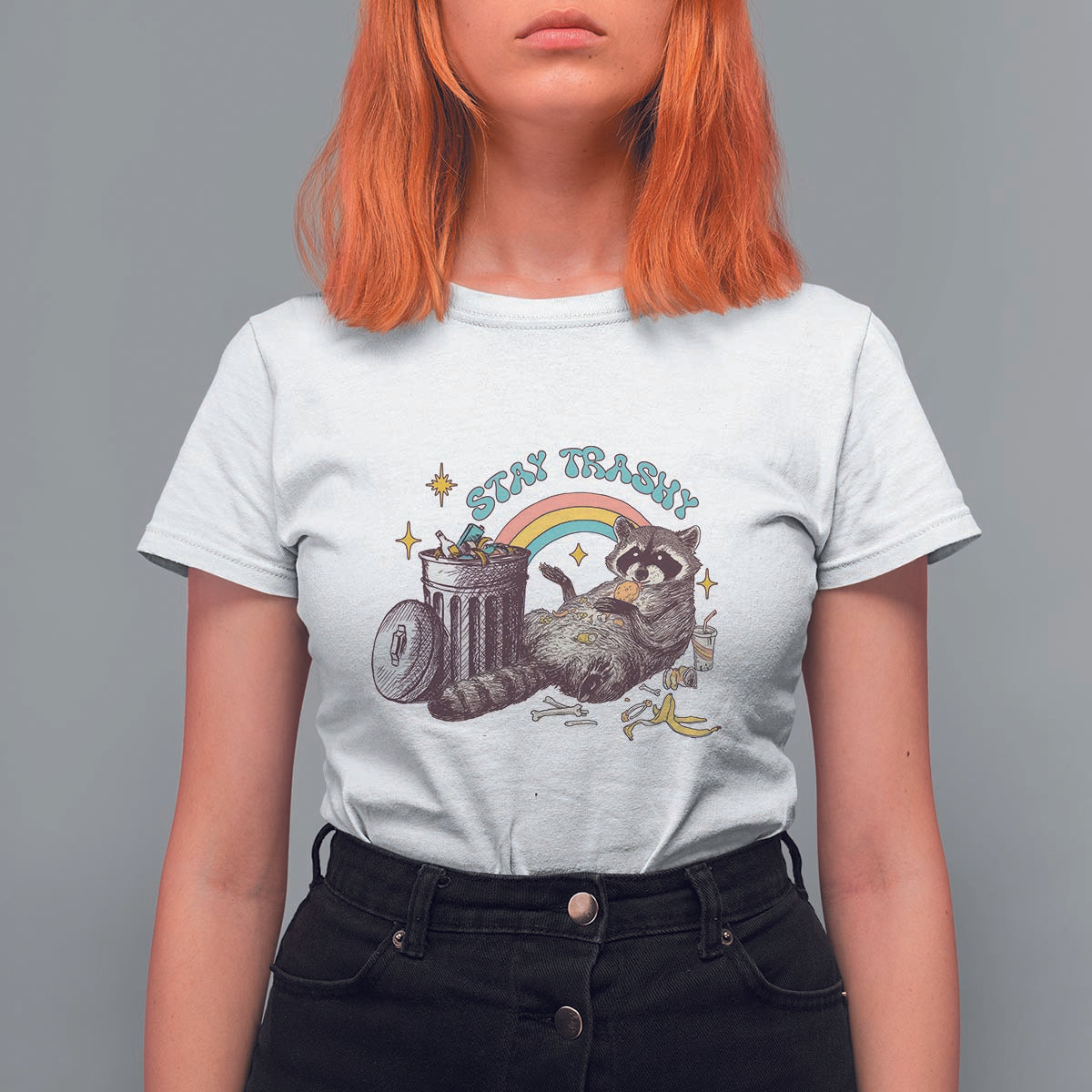 Funny Raccoon T Shirt For Women Stay Trashy Rainbow Bin Cute Trash Panda - Wonder Print Shop