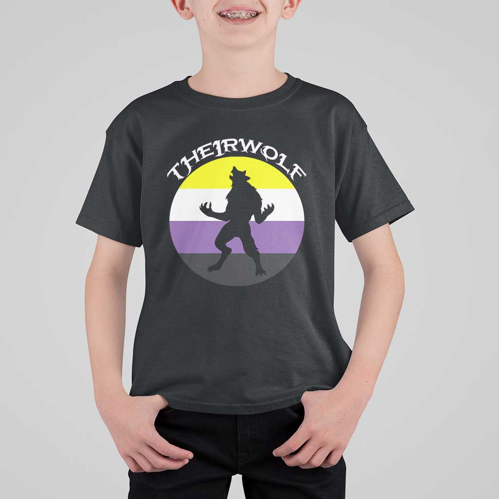 Non Binary T Shirt For Kid Theirwolf Enby Flag LGBTQ Pride - Wonder Print Shop