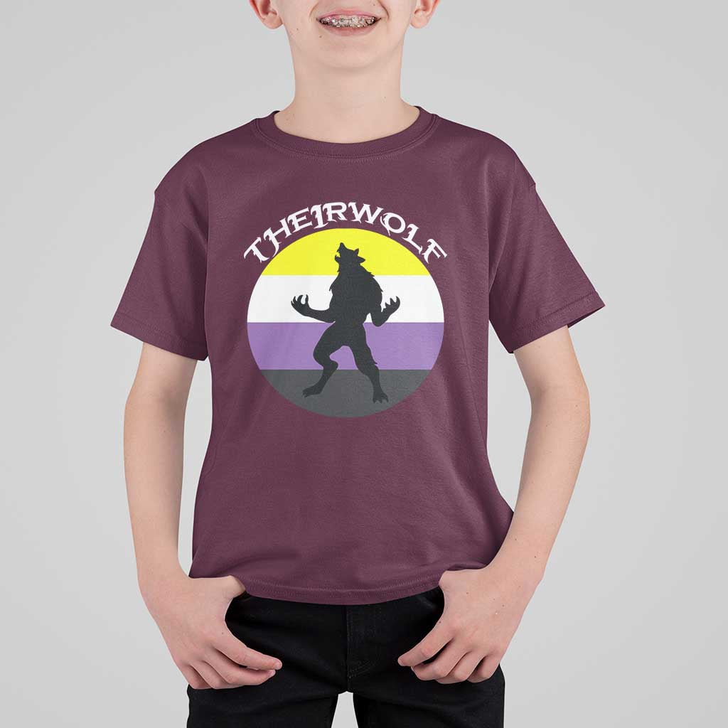 Non Binary T Shirt For Kid Theirwolf Enby Flag LGBTQ Pride - Wonder Print Shop